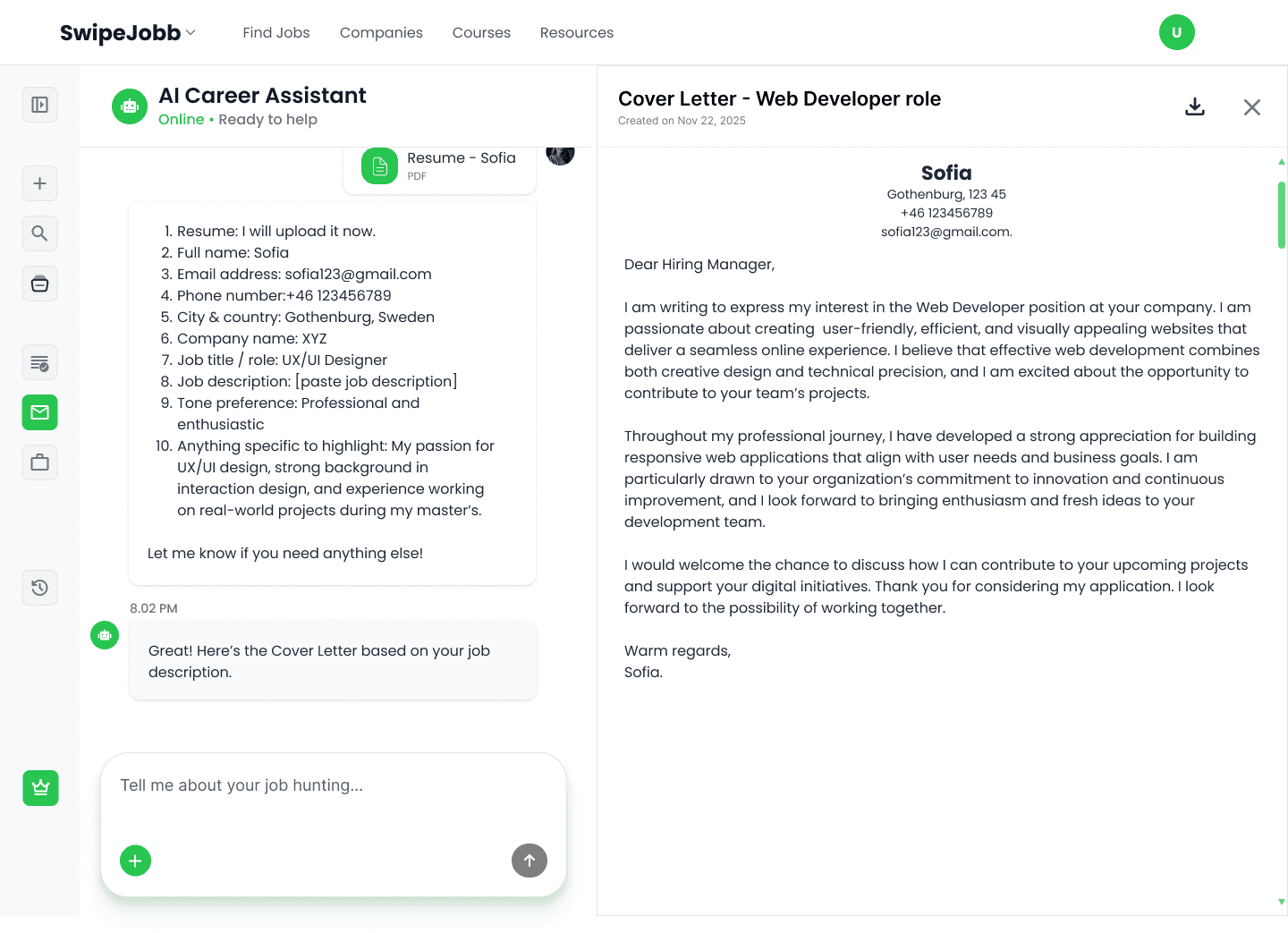 Cover letter generator, AI chat collecting inputs on the left, letter building on the right