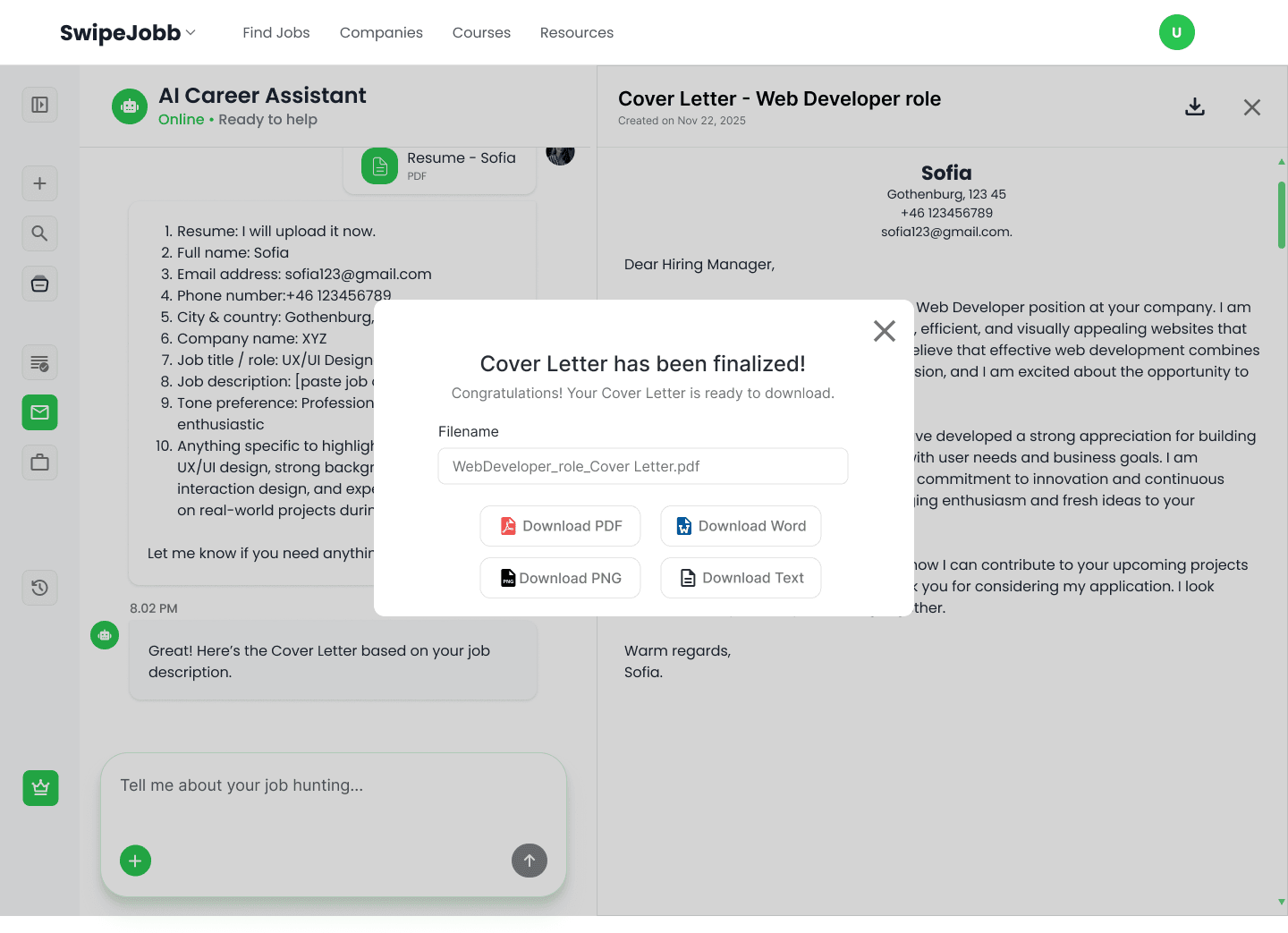 Cover letter finalised, with download format options