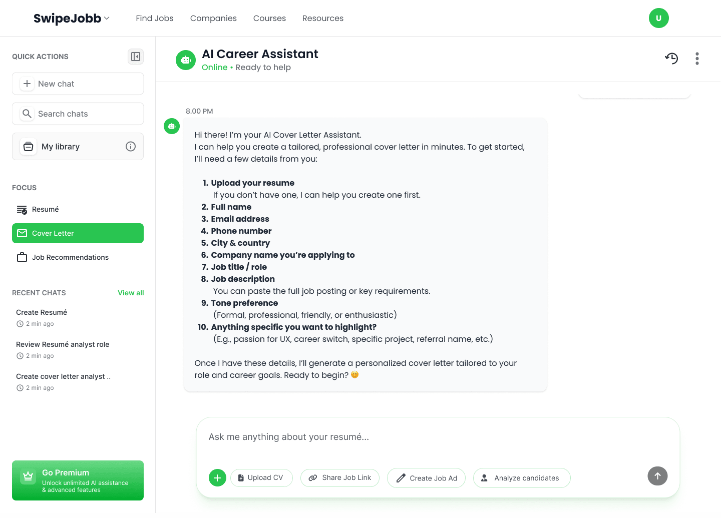 Cover letter flow — tone and preference selection