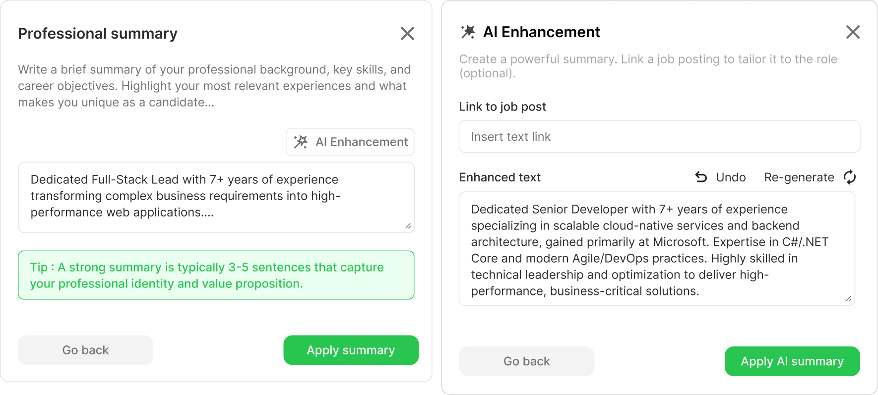 Four-step progress bar with a live CV preview updating on the right