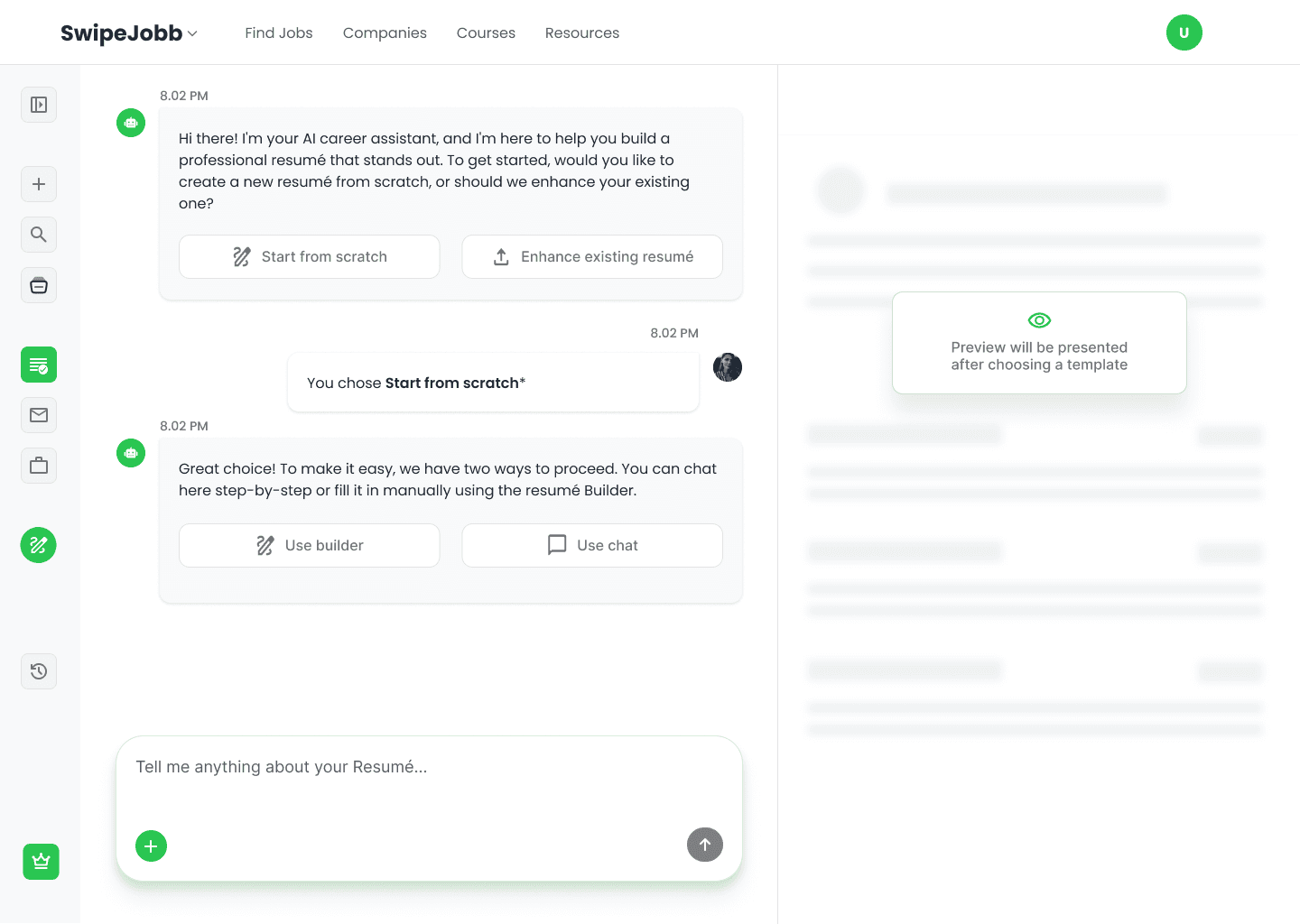 CV builder entry screen offering 'start from scratch' or 'enhance existing resume'