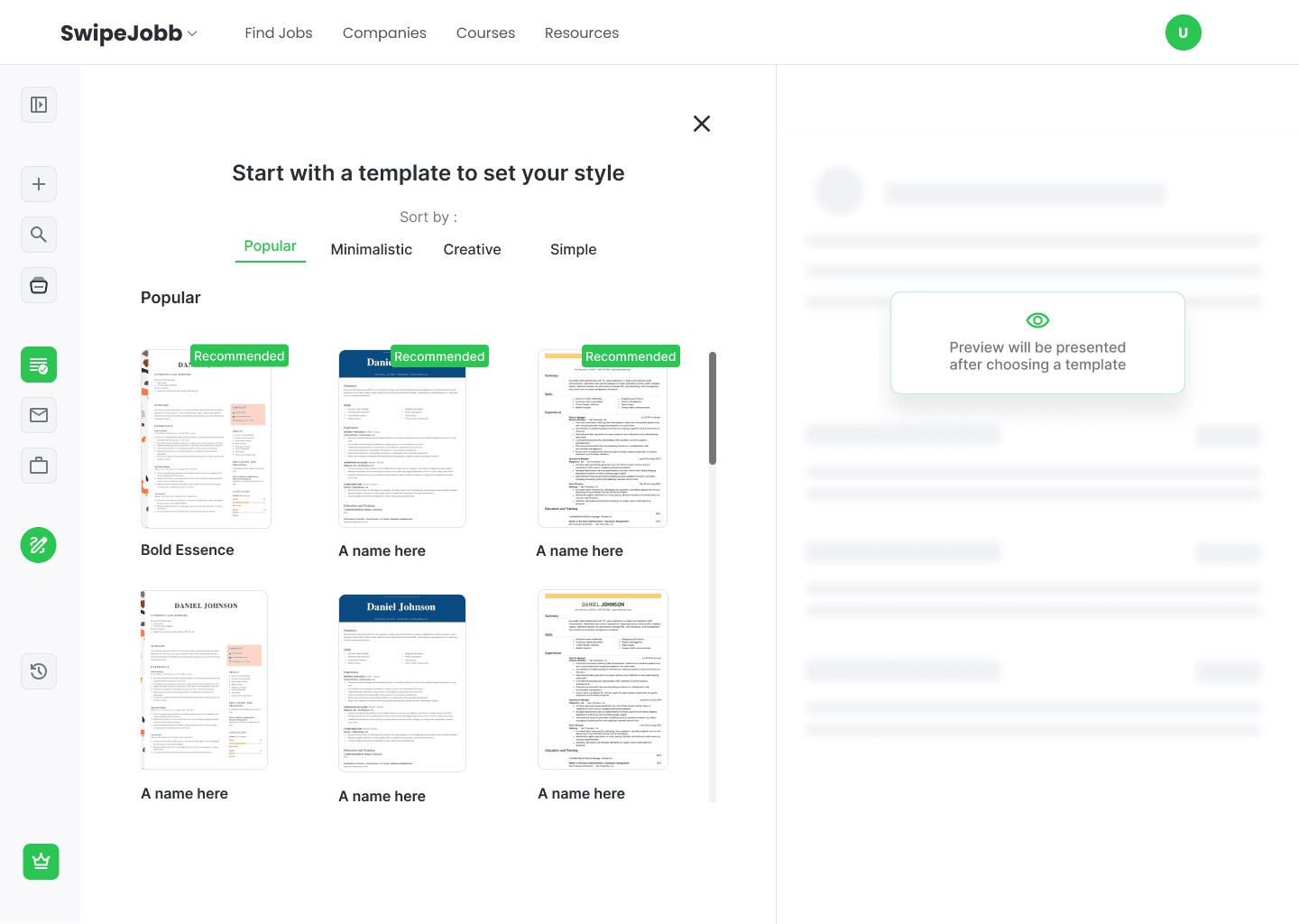 Template selection with Popular, Minimalistic, Creative and Simple categories