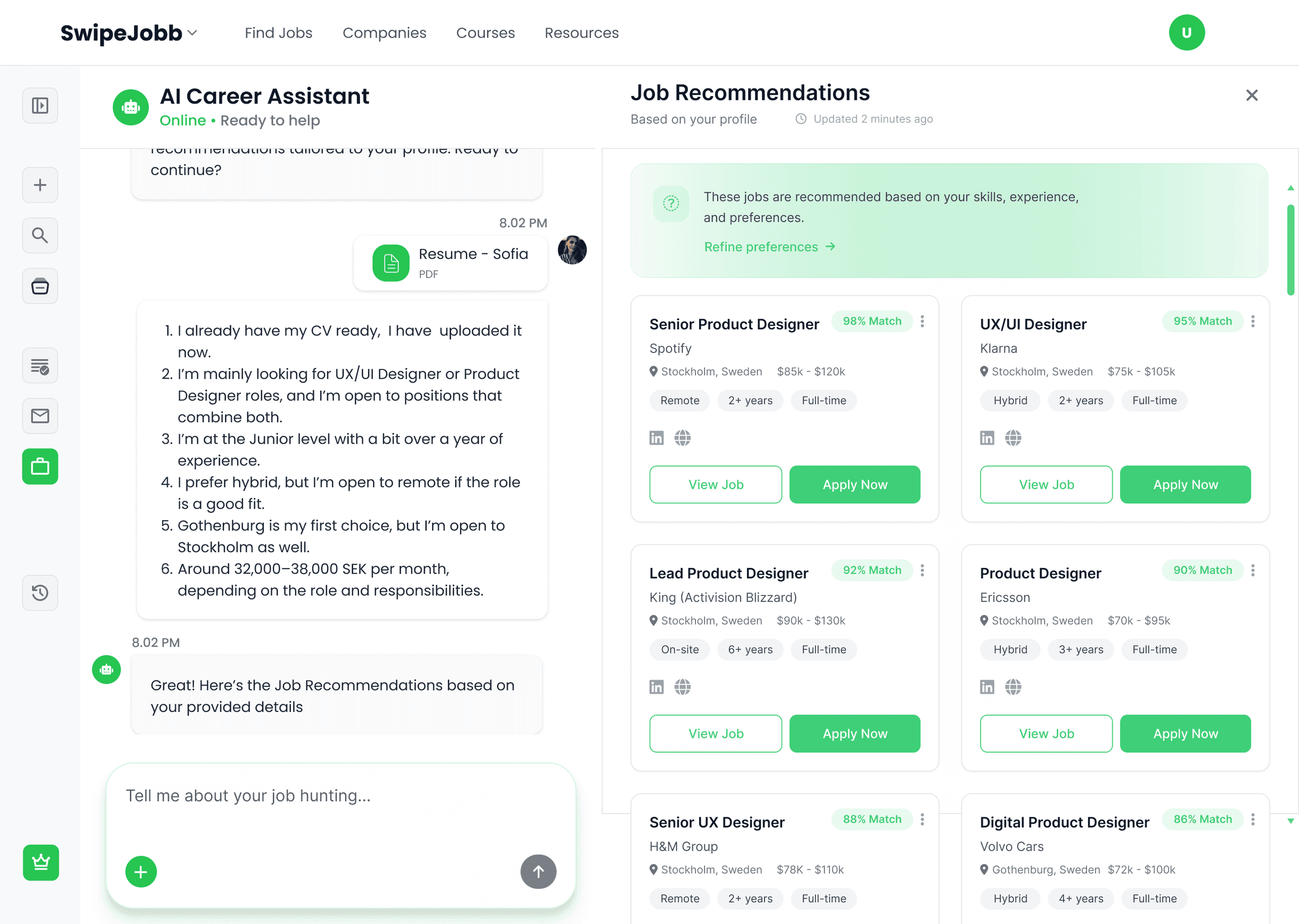Job recommendations, the assistant collecting role preferences