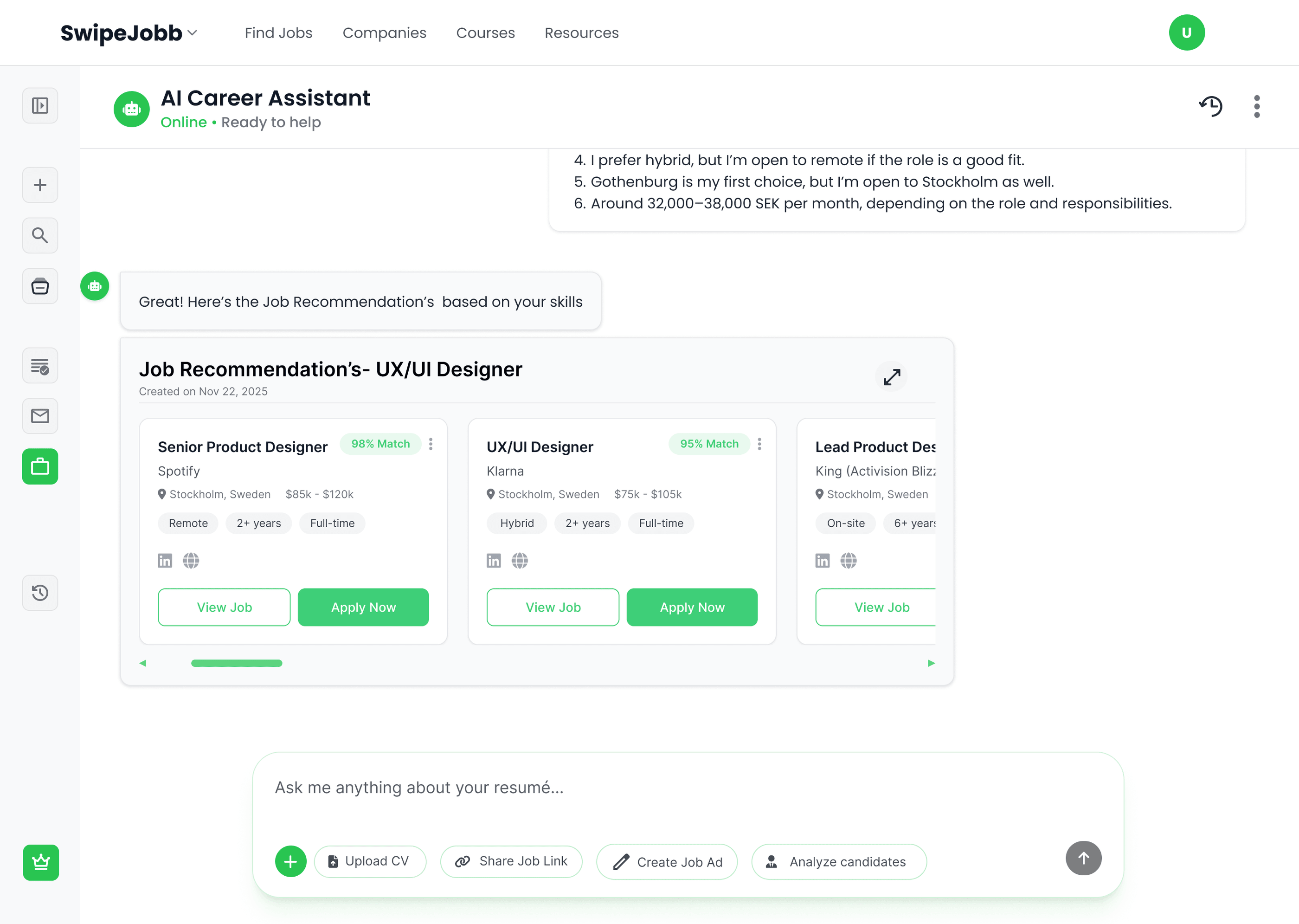 Job recommendation cards ranked by match percentage