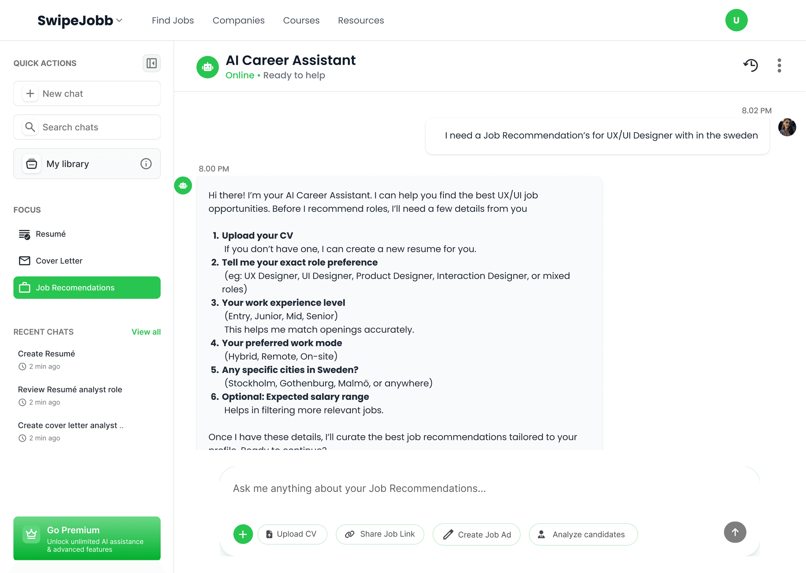 Job recommendations — expanded job detail