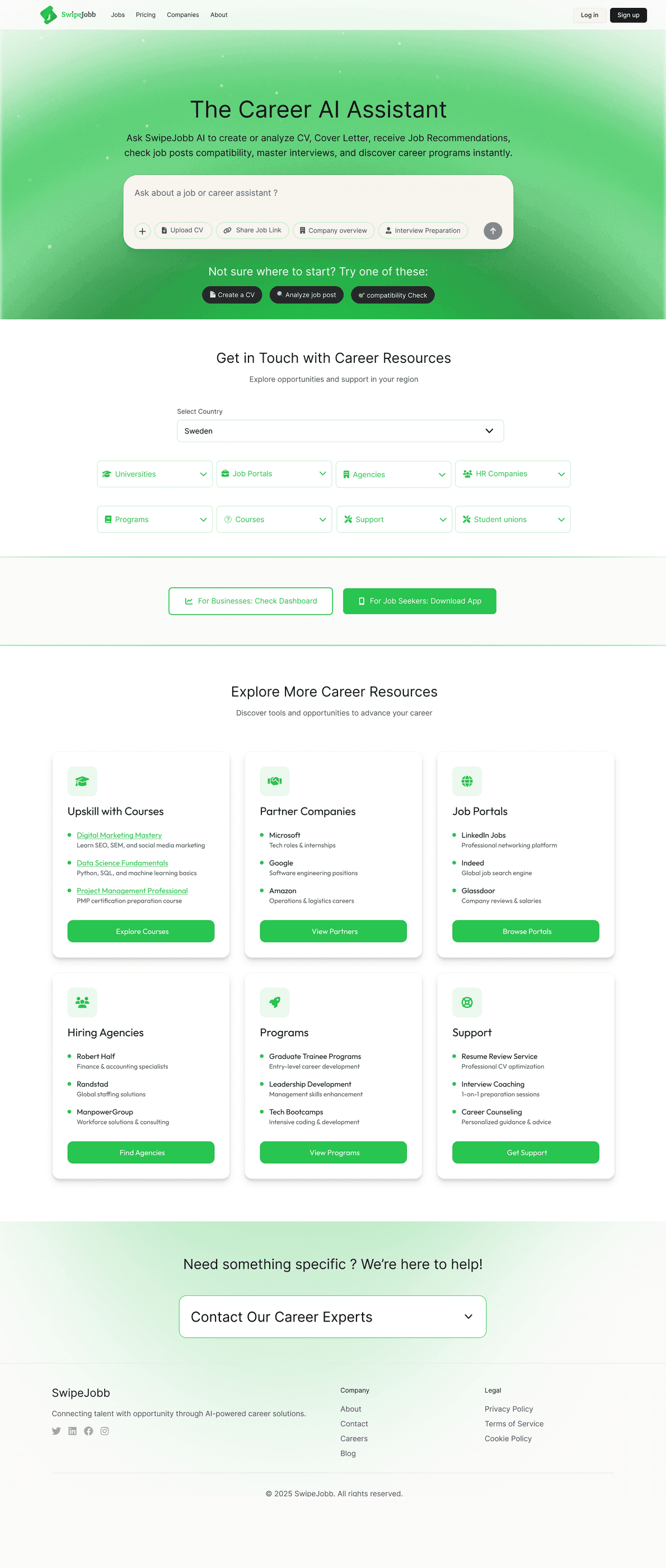 The full SwipeJobb landing page from hero through to footer