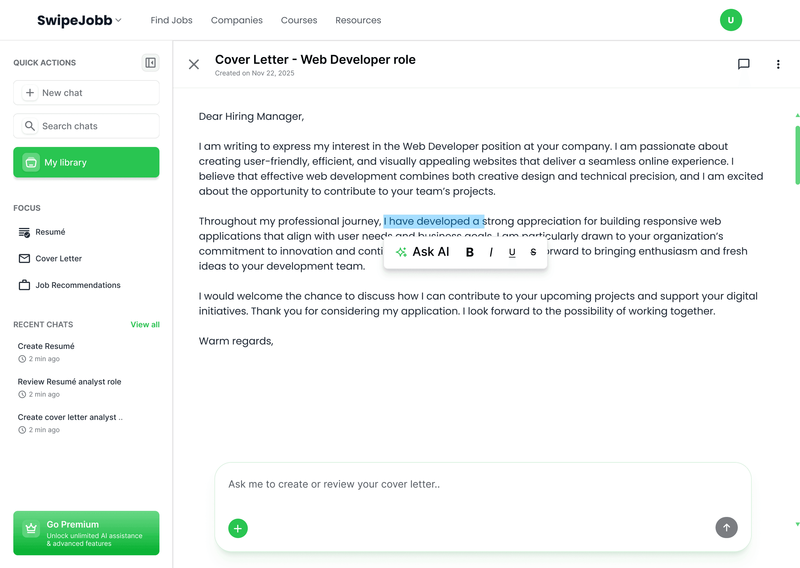 Selecting text inside a saved document to reach Ask AI and formatting tools
