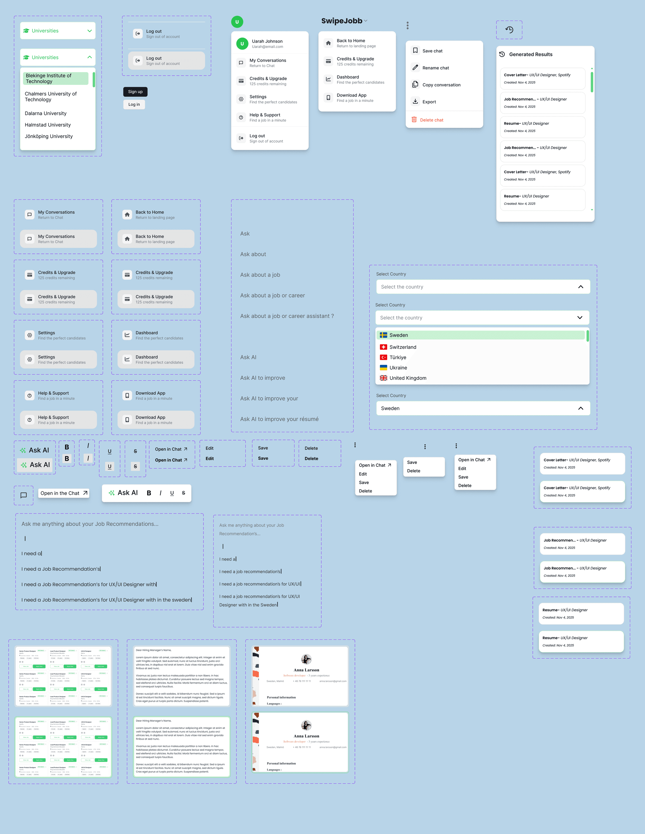 Profile, chat, hover and dropdown components