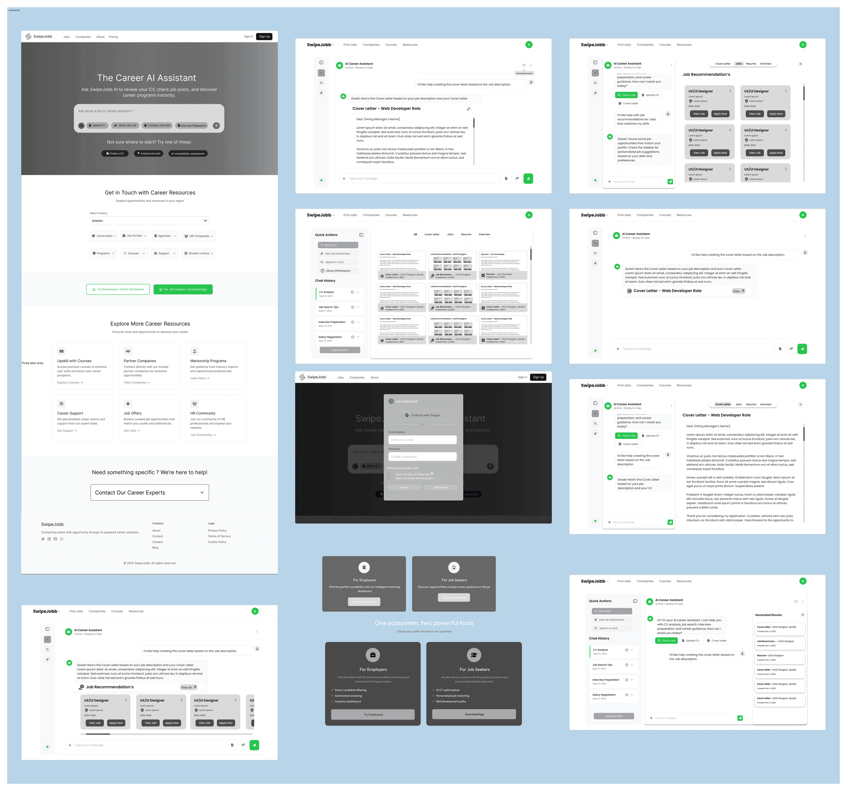 Low and mid-fidelity wireframes for the five core SwipeJobb flows