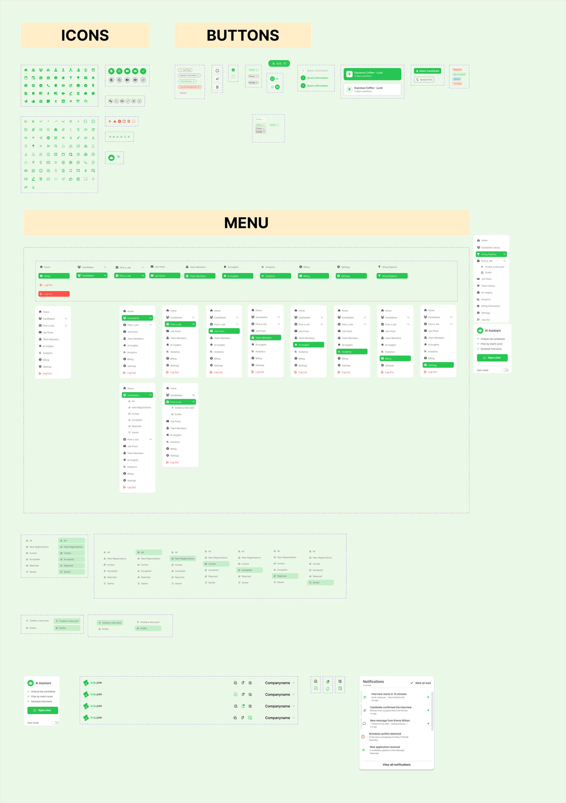 The design system: colour tokens, icon set, button states, and card and table row components