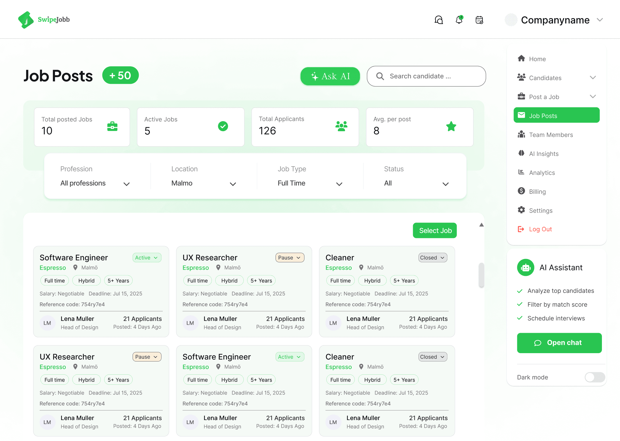 Job posts overview listing all live roles