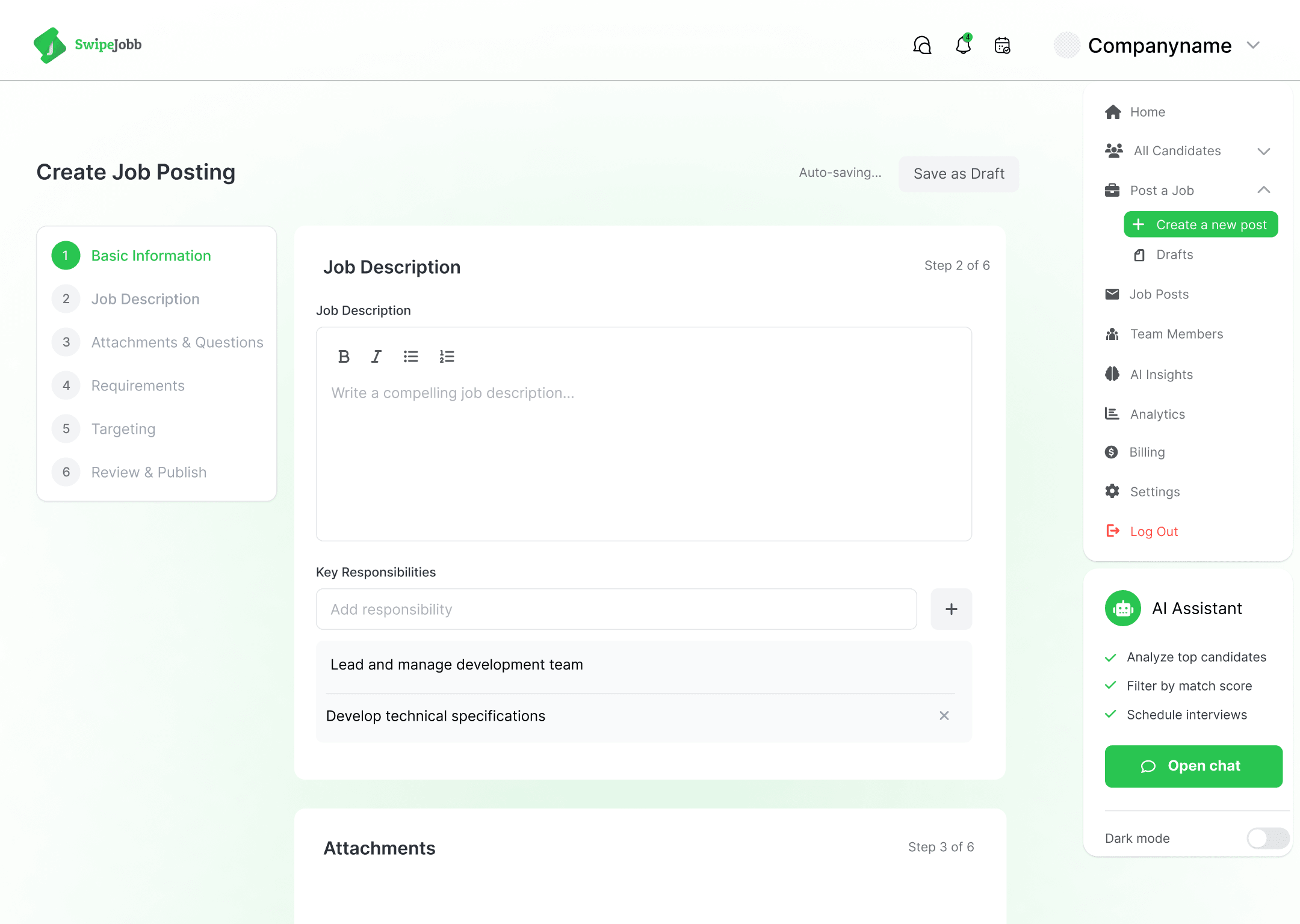 Post a Job flow, basic information step