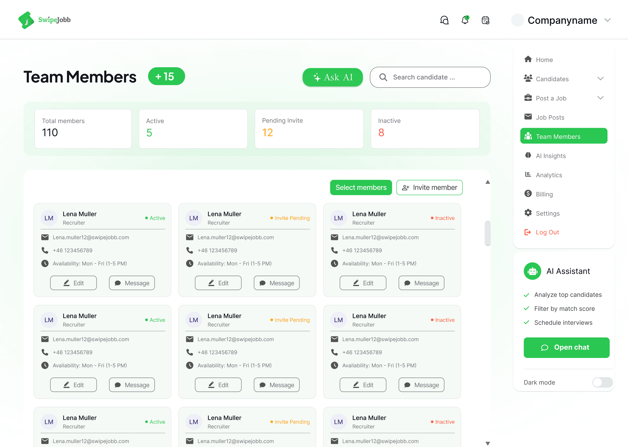 Team members screen showing who has access and their permissions