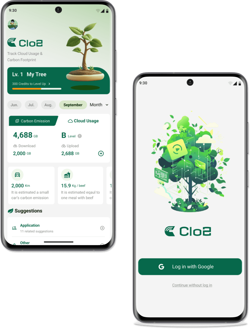 Cloe2 app, home screen with the carbon tree and the login screen