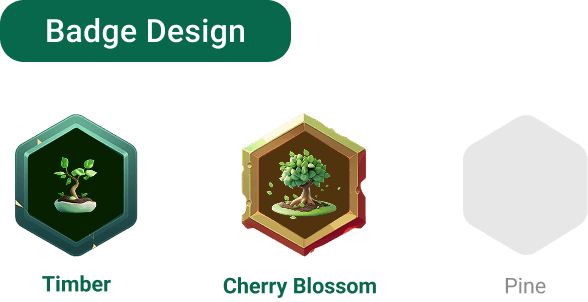 Badge design, Timber, Cherry Blossom and locked Pine badges