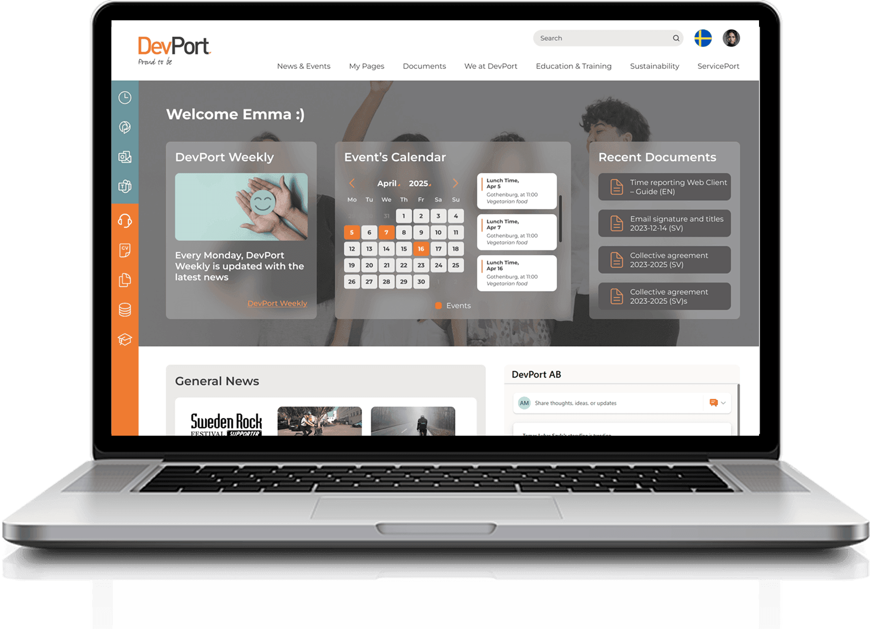 DevPort intranet redesign, homepage with quick access shortcuts
