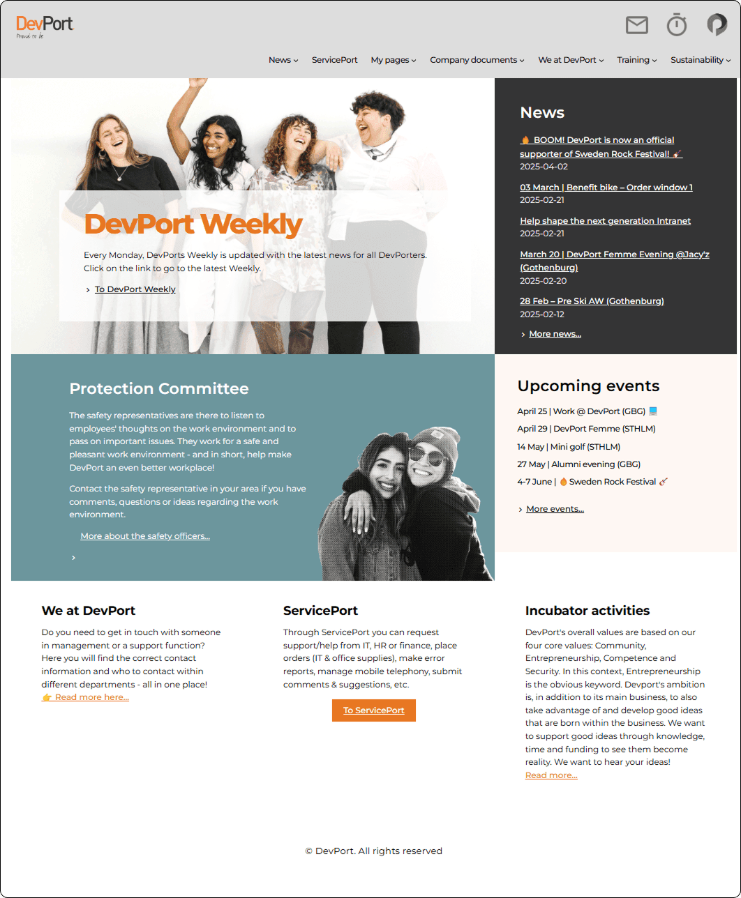 The existing DevPort intranet homepage before the redesign