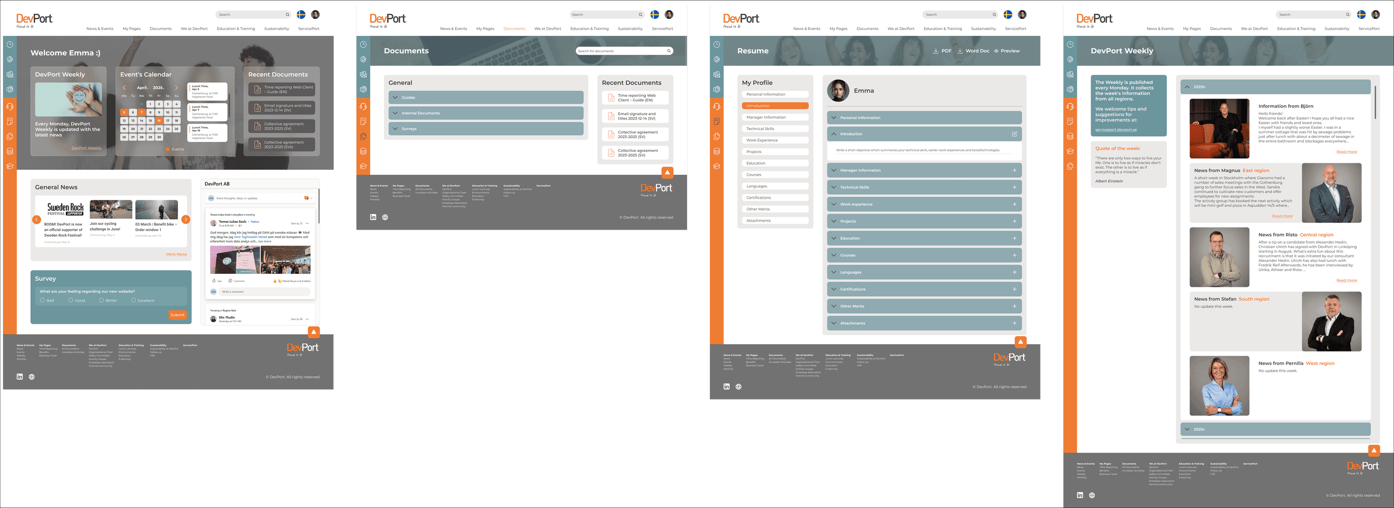 High-fidelity screens, homepage, documents, resume and DevPort Weekly