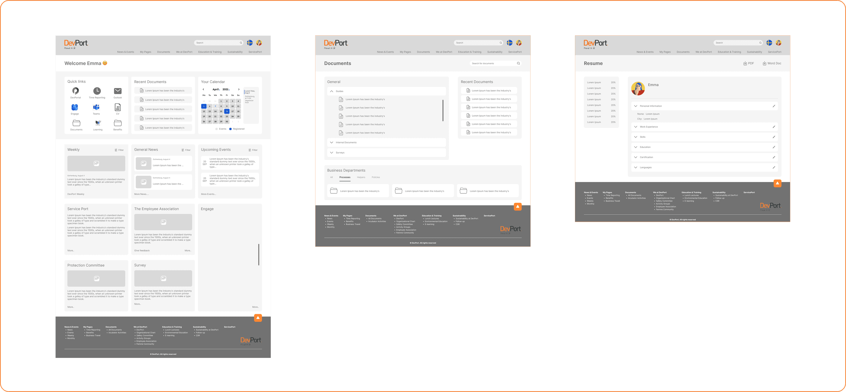 First wireframe iteration, homepage, documents and resume screens
