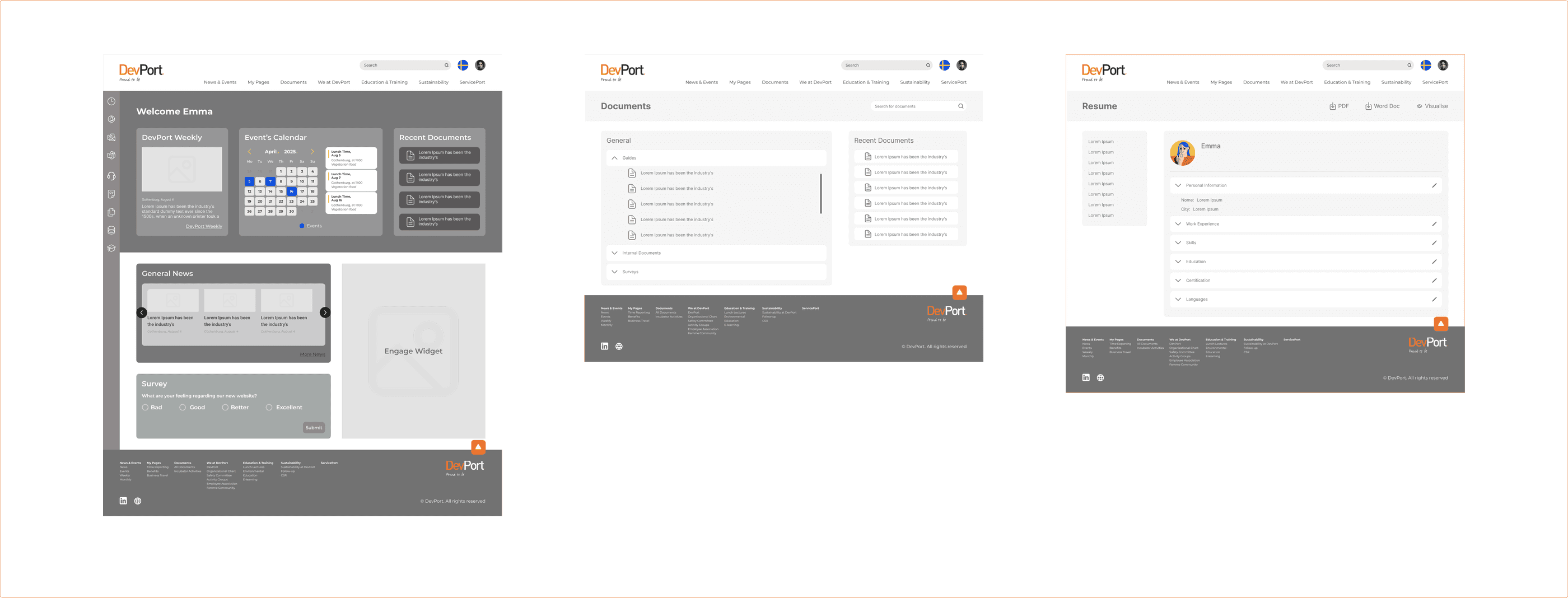 Second wireframe iteration with a revised sitemap and footer