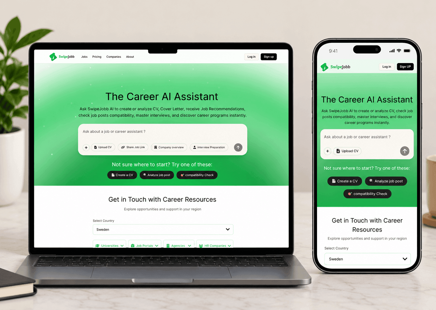 The Career AI Assistant, landing page with central chat bar
